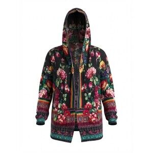 Johnny Was Bethia Printed Cotton/Cashmere Hoodie Cardigan Floral Print Sz Small